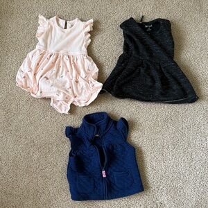 12 Month Baby Girl Bundle (3pc): Navy Quilted Vest & 2 Dresses